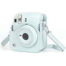 Momentinio fotoaparato dėklas Fujifilm Instax Mini 12, PU odos dėklas, apsauginis momentinio fotoaparato dėklas su nuimamu, reguliuojamu dirželiu per petį, mėtų žalios spalvos, fotoaparato korpusas