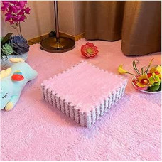 Plüsch Schaum Fußmatten Quadratische ineinandergreifende Teppichfliesen, Flauschige ineinandergreifende Schaumstoff-Fußmatten, rutschfeste Puzzle-Teppiche Schaumteppich(Pink,32pcs)