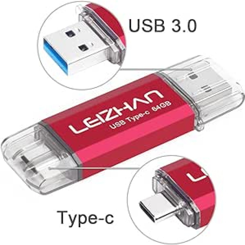 LEIZHAN 64GB 3.1 C tipo USB atmintinė su dvigubu kištuku 