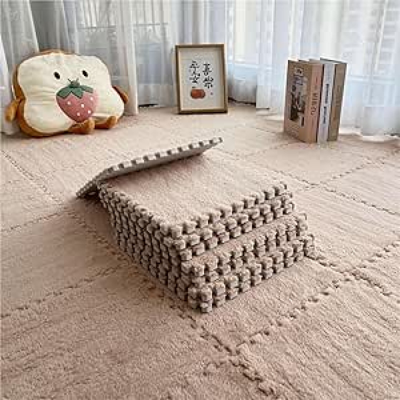 Pakuotė 12 (30 x 60 cm) susikertančių putplasčio kilimėlių, pliušinis kilimas, minkštos ir patogios dėlionės, minkštas ir patogus grindų kilimėlis (abrikosas, 30 x 30 cm)