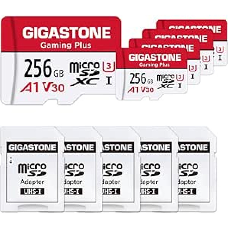 GIGASTONE Gaming Plus Micro SD kortelė 256 GB, 5 vnt., SD adapteris, suderinama su 