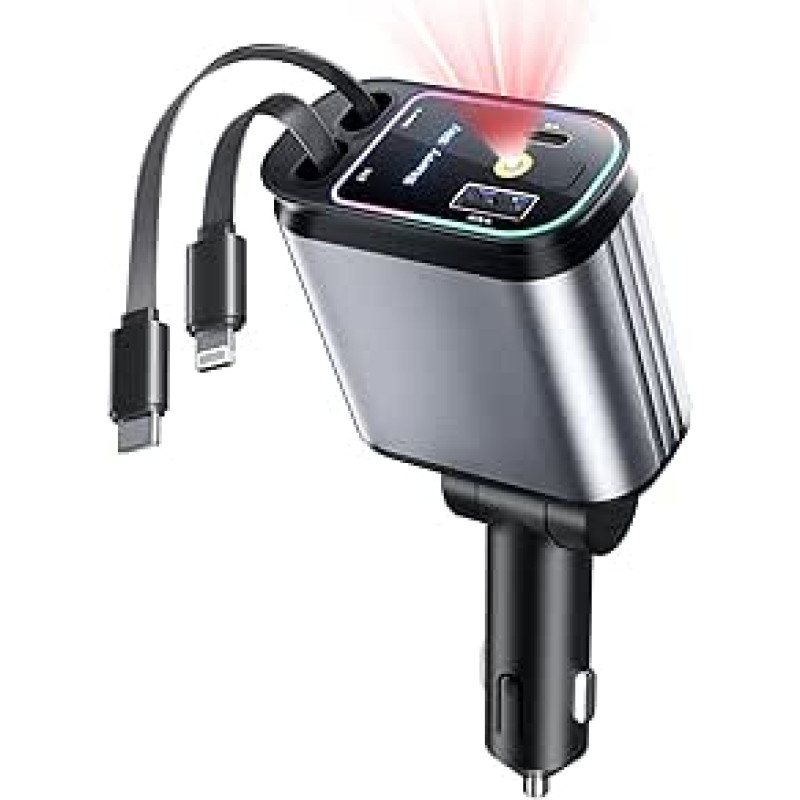 4 in 1 cigarečių žiebtuvėlio USB C 69 W automobilinio įkroviklio adapteris, ištraukiamas 