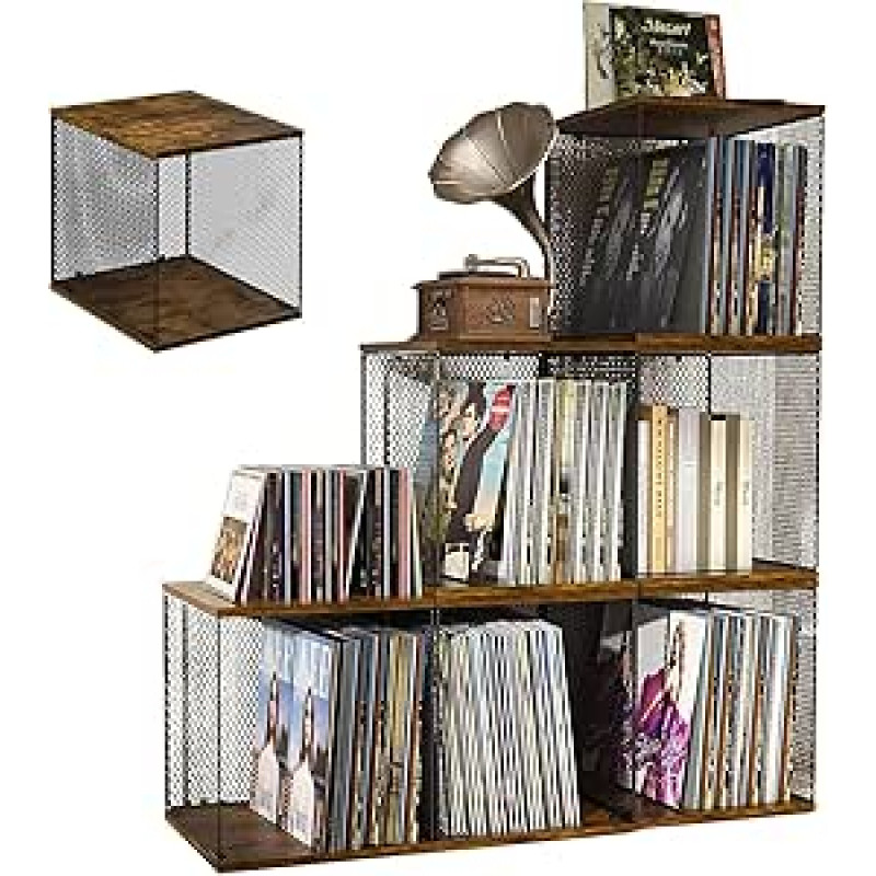 6 Würfel Vinyl Record Aufbewahrungsbox, DIY Stapelbares 12-Zoll-Plattenregal für 240-330 Schallplatten, Album-Aufbewahrungsbox, natürliches Holz, geeignet für Schlafzimmer, Wohnzimmer usw