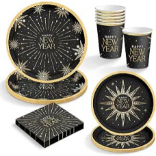 OH YEAH Naujųjų metų išvakarių vienkartinių indų rinkinys - vienetai - metų pabaigos lėkštės, puodeliai ir servetėlės - šventinė stalo puošmena 