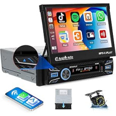 1 Din Wireless Carplay & Android Car Radio with Extendable Display, 7 Inch HD Screen Car Radio with Bluetooth, EQ, FM Mirror Link, AUX, Type-C, USB, SWC+ Reversing Camera