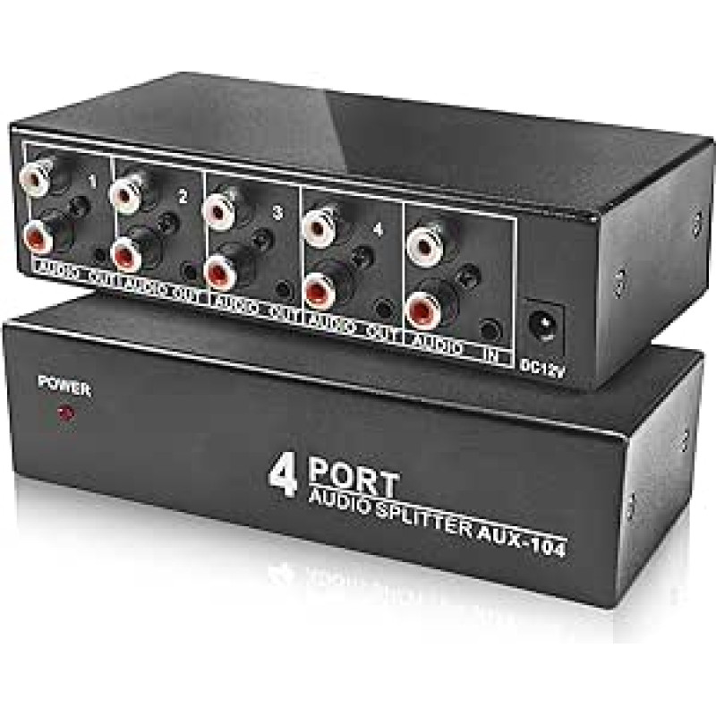 BolAAAZUL Garso skirstytuvas 3,5 mm Aux + RCA L/R 1 į 4 išėjimus 4 krypčių stereofoninio garso paskirstymo dėžutė 4K stereofoninis RCA skirstytuvas 1x4 DVD grotuvui, žaidimų konsolei, ausinėms, garsiakalbiams - su