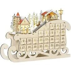 HOMCOM Adventskalender aus Holz, beleuchtet, Frome Schlitten - 10 warmweiße Lichter - 24 Schubladen - Weihnachtsdekoration