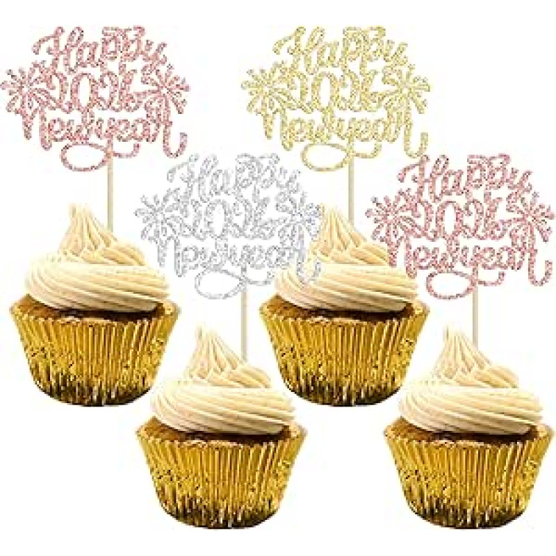 Gyufise 24 Stück 2025 Happy New Year Cupcake Toppers Glitter Hello 2025 Feuerwerk Cupcake Picks für Willkommen 2025 Happy New Year's Eve Kuchen Dekorationen Partyzubehör Mehrfarbig
