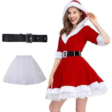 Moterų Kalėdų Senelio kostiumas, 3 dalių Kalėdų Moters kostiumas Moterų su gobtuvu Kalėdų Senelio Hustle ir diržas, Kalėdų Senelio suknelė, Kalėdų suknelės moterims Kalėdų šalis, Cosplay šalis