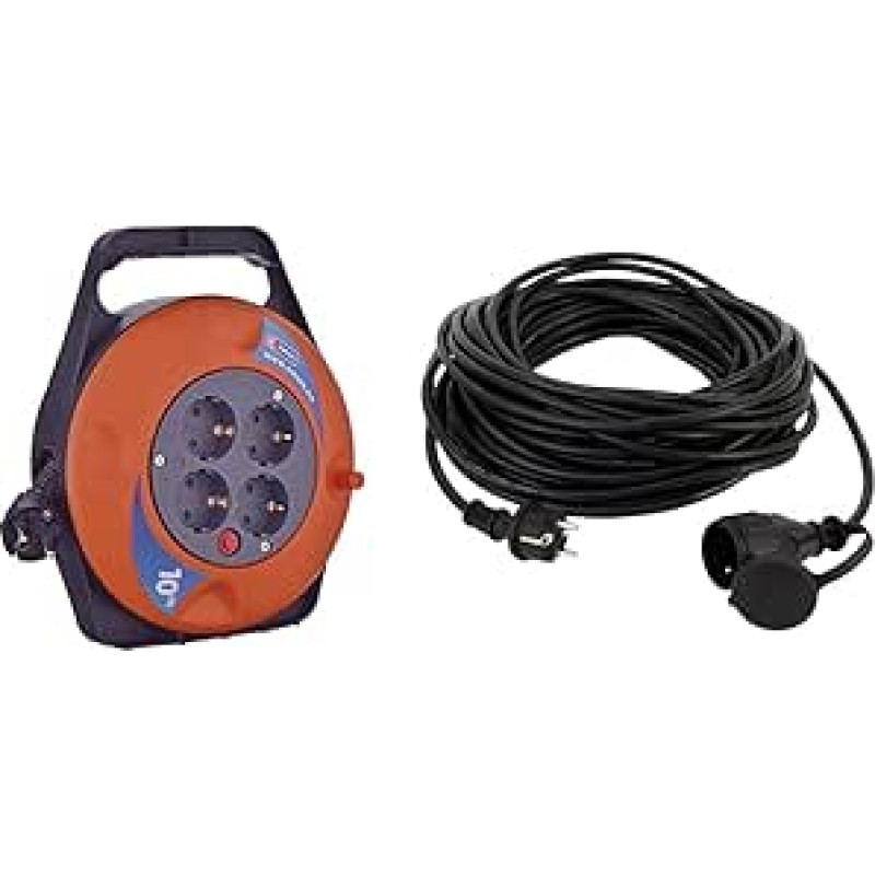 EMOS P19510 mini kabelių ritė 10 m / 4 krypčių kabelių dėžutė / kabelių ritinys, skirtas naudoti patalpose 2300 W ir REV 0065109 prailginimo kabelis, atsparus vandeniui lauke 10 m 3680 W, juodas