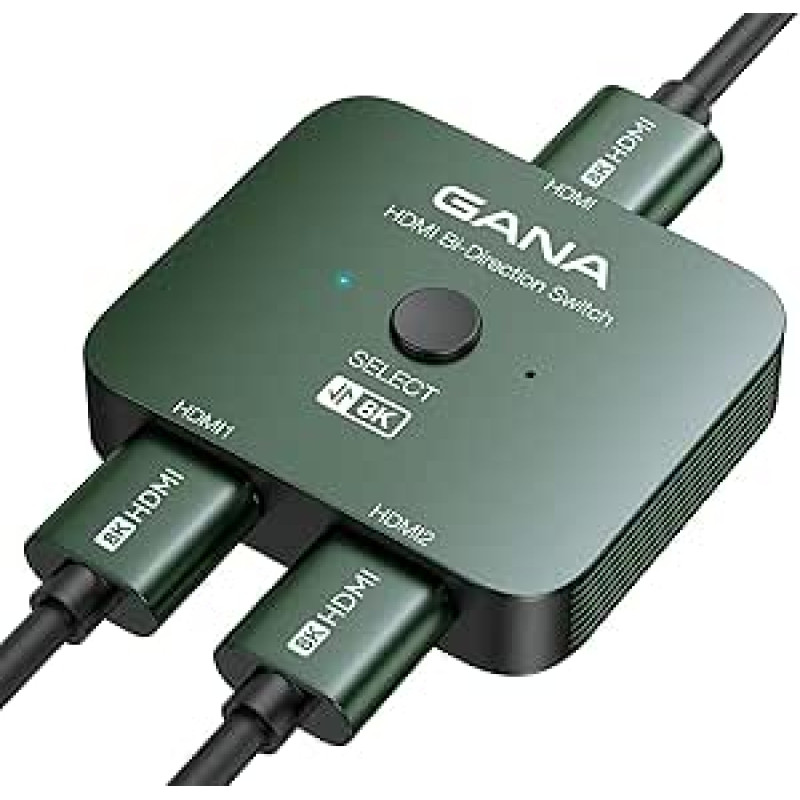 GANA 8K HDMI skirstytuvas, HDMI 2.1 jungiklis Ultra HD 48Gb/s aliuminio dvikryptis HDMI jungiklis 2 in 1 Out arba 1 in 2 Out HDMI jungiklis, HDMI skirstytuvas, skirtas televizoriui/PS5/Xbox, žalias