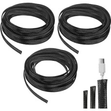 sourcing map 3 Pack 14.9m - 1/4, 3/8, 1/2 Inch Expandable Braided Cable Sleeve, PET Cable Management, Cable Protector, Wire Wrap Loom Hose for TV, Computer, Office, Home Appliances, Black