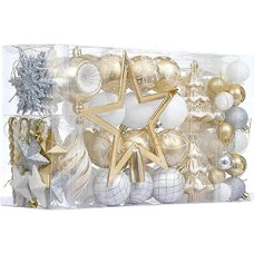 Valery Madelyn Christmas Bauble Ornaments for Valentine's Day, 100K White and Gold Shatterproof Christmas Tree Ornaments Set, Elegant Hanging Ornaments for Christmas Trees, Bulk Pack for Holidays