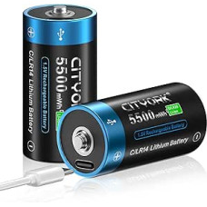 CITYORK įkraunamos C baterijos su USB-C (2 vnt.), ličio jonų 1,5 V 5500 mWh kūdikių C baterija, įkraunama per 2 valandas, daugiau kaip 1000 ciklų, su USB-C įkrovimo kabeliu, LED įkrovimo indikatorius