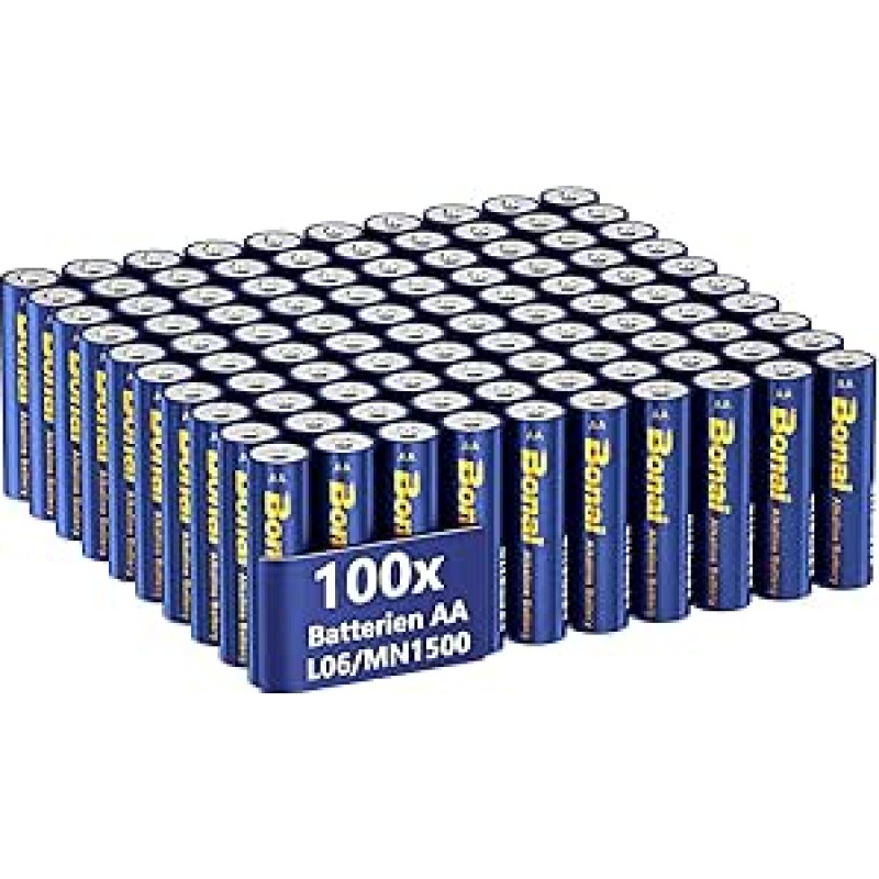 BONAI Ilgaamžės šarminės baterijos AA (100 vnt.) 1,5 V Mignon LR06, galingos, idealiai tinka žadintuvams, termometrams, dekoratyviniams šviestuvams ir kitiems prietaisams, kuriems reikia daug energijos