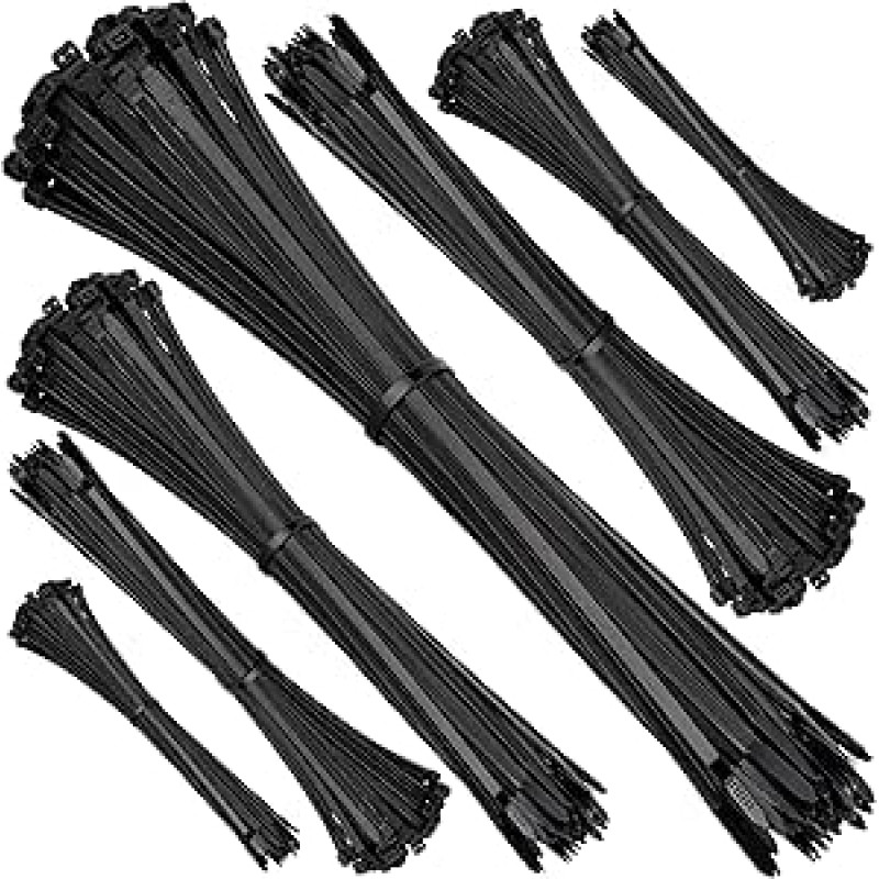 ISOLATECH Kabelių raiščiai juodi, atsparūs UV spinduliams, dideli, maži, ilgi, plokšti, 650 vnt., kiekvienas po 100 vnt: 100 x 2,5 mm, 150 x 2,5 mm, 200 x 3,6 mm, 250 x 3,6 mm, 300 x 3,6 mm, 370 x 4,8 mm + 50 vnt.