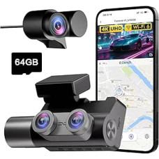 3-Channel Car Dashcam, 4K UHD Front 170° + Full HD Rear 140° + Interior 140°, Dash Cam with 24h Parking Monitoring, WiFi 6 & GPS, HDR/WDR Night Vision, 3 Inch IPS Dashcam with 64GB Card (V1)