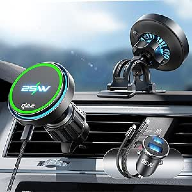 LISEN automobilinis mobiliojo telefono laikiklis su įkrovimo funkcija - [Qi2.2 ir 25 W] [viršutinės funkcijos] su aušinimo ventiliatoriumi ir 95 W pritaikytu adapteriu, skirtas 