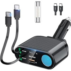 OHLPRO 5-in-1 cigarečių žiebtuvėlio USB C ištraukiamas automobilinis įkroviklis, mobiliojo telefono automobilinis įkroviklis, 100 W 12 V USB adapteris, automobilinis greitasis įkroviklis, automobilinis kištuko daliklis, suderinamas su mobiliuoju telefonu 