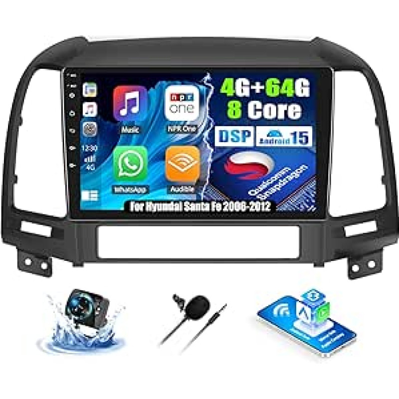 OiLiehu 4G + 64G 8 branduolių Qualcomm Android 15 Hyundai Santa Fe 2006-2012 Dvigubas DIN CarPlay Android automobilinis radijas su ekranu 9 colių su Bluetooth GPS FM RDS WiFi Mirror Link SWC DSP/EQ Galinio vaizdo kamera