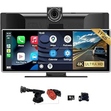 SCUMAXCON 11,26 colių nešiojamas automobilinis radijas su daugialypės terpės IPS ekranu CarPlay/Android Car Airplay, galinio vaizdo kamera 4K 1080P, BT, FM