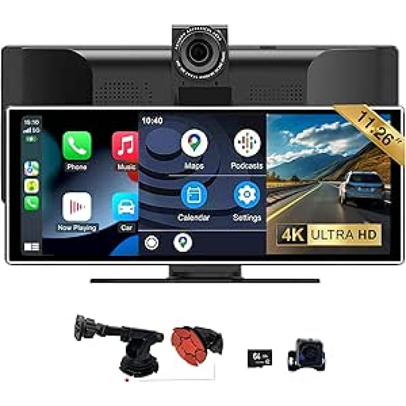 SCUMAXCON 11,26 colių nešiojamas automobilinis radijas su daugialypės terpės IPS ekranu CarPlay/Android Car Airplay, galinio vaizdo kamera 4K 1080P, BT, FM