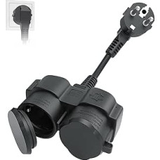 Dvigubas kištukas kištukiniam lizdui, dvigubas kištukinis lauko ilgintuvas, dvigubas kištukas, Schuko dvigubas kištukas, vandeniui atsparus lP44, skirtas sodui, virtuvei, juodas