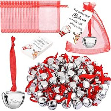 Pack of 100 Christmas Believe Bell Ornaments 3.8 cm Silver Santa Sleigh Bell Gift Bell Decoration for Christmas Tree with Red Ribbon Christmas Card and Organza Bag Children