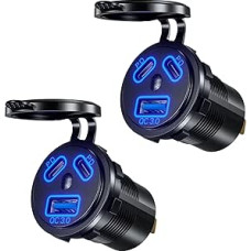 USB C lizdas 12 V automobilinis įkroviklis 18 W QC3.0 ir dvigubas 45 W PD su jungikliu Mobilusis telefonas Greitasis įkrovimas, atsparus vandeniui, skirtas 12 V-24 V automobiliui, valčiai, motociklui 2 vnt.