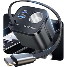 4-in-1 Cigarette Lighter USB C Car Charger - [2026 Super Compact] [145W Fast Charge] USB Adapter Car Quick Charger with Retractable Type C Cable, 24/12V Car Charger for iPhone 17 Air