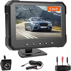 Atbulinės eigos kameros rinkinys su HD 5 colių monitoriumi, IP68 vandeniui atspari naktinio matymo plataus kampo atsarginė kamera su atbulinės eigos pagalba, DC 12V-24V, skirta furgonams, automobiliams, visureigiams, sunkvežimiams
