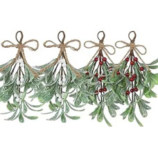 Pack of 4 Christmas Mistletoe Decoration, Artificial Mistletoe Branches, 23 cm Glitter Mistletoe Decoration with White Red Berries Christmas Tree Accessories, Hanging Mistletoe Decoration for Tree