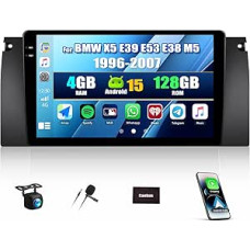 SIXWIN 4+128G Android 15 automobilinis radijas su CarPlay/Android Car/Mirror Link, skirtas BMW 5 E39 E53 M5 X5 (1996-2007), 9 colių HD jutiklinis ekranas, palaiko WiFi GPS Bluetooth FM/RDS + atbulinės eigos kamera