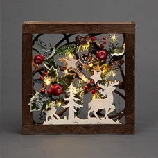 SHATCHI 30cm LED Pre-Lit with Leaves, Pine Cones, Berries, 3D Nordic Christmas Scene, Square Shape, Wooden Frame, Table Decoration, Christmas Decoration, Gifts