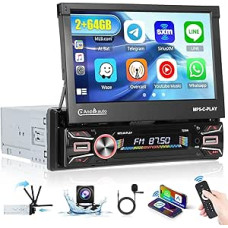 Android Car Radio 1 DIN CarPlay with Motorised Screen (2 + 64G), 7 Inch Bluetooth Car Radio with Wireless Android Car Play Mirror Link FM RDS GPS WiFi Reversing Camera AUX USB