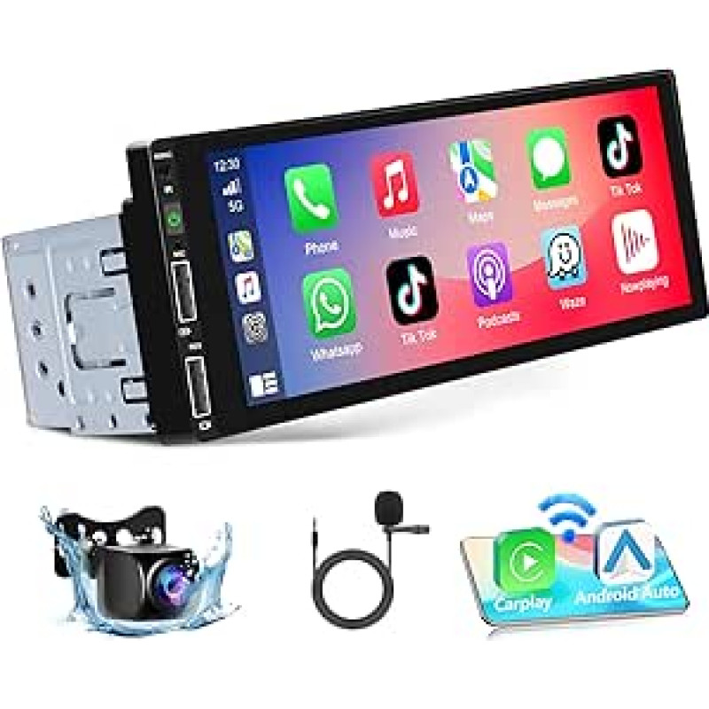 Podofo Car Radio 1 DIN with Wireless Apple CarPlay, Bluetooth, Android Car, with 6.86 Inch Screen, Car Radio Display, Supports FM Mirror Connection, Reversing Camera and Microphone