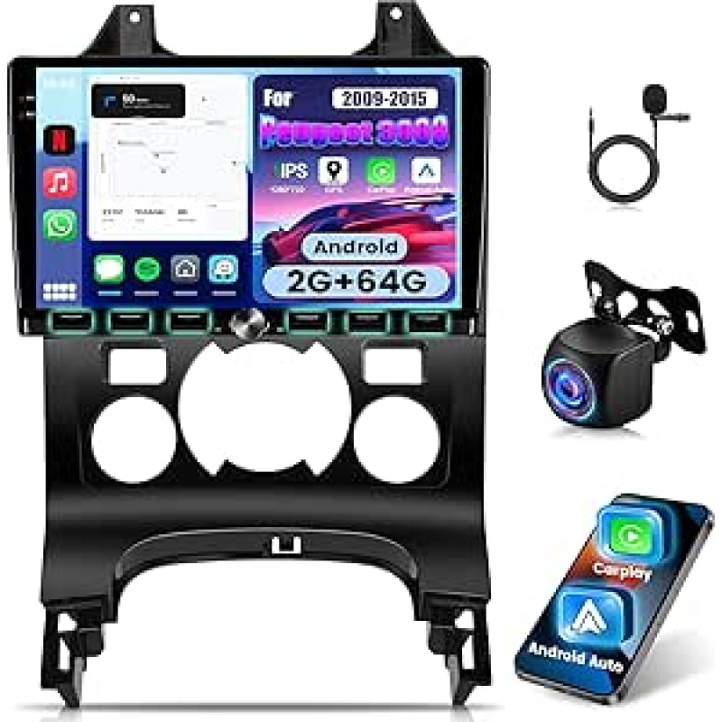 2G+64G autoradio für Peugeot 3008 2009-2015, 9-Zoll-Android-Touchscreen, Equalizer, CarPlay, Android Auto, Fernbedienung, Bluetooth 5.0 und WLAN