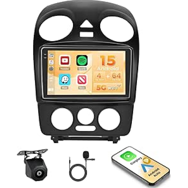 Hikity Android 15 4+64G Car Radio for VW New Beetle 2004-2010 with 9 Inch Incell Touch Screen, Car Radio 2DIN with Wireless Carplay Android Car, FM/RDS Radio BT GPS WiFi Reversing Camera + Mic