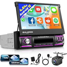 [4+64G] Android 13 1 DIN Car Radio with Wireless Carplay & Android Car - 7 Inch Retractable Touchscreen Radio with Mirror Link, EQ, AI DSP, WiFi, GPS, FM/RDS Radio, SWC + AHD Rear View Camera
