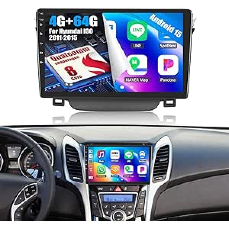 OiLiehu 4G + 64G 8 branduolių Qualcomm Snapdragon Android 15 automobilinis radijas Hyundai I30 2011-2015 Carplay Android automobilinis radijas su ekranu 9 colių su Bluetooth FM RDS GPS WiFi SWC DSP atbulinės eigos kamera