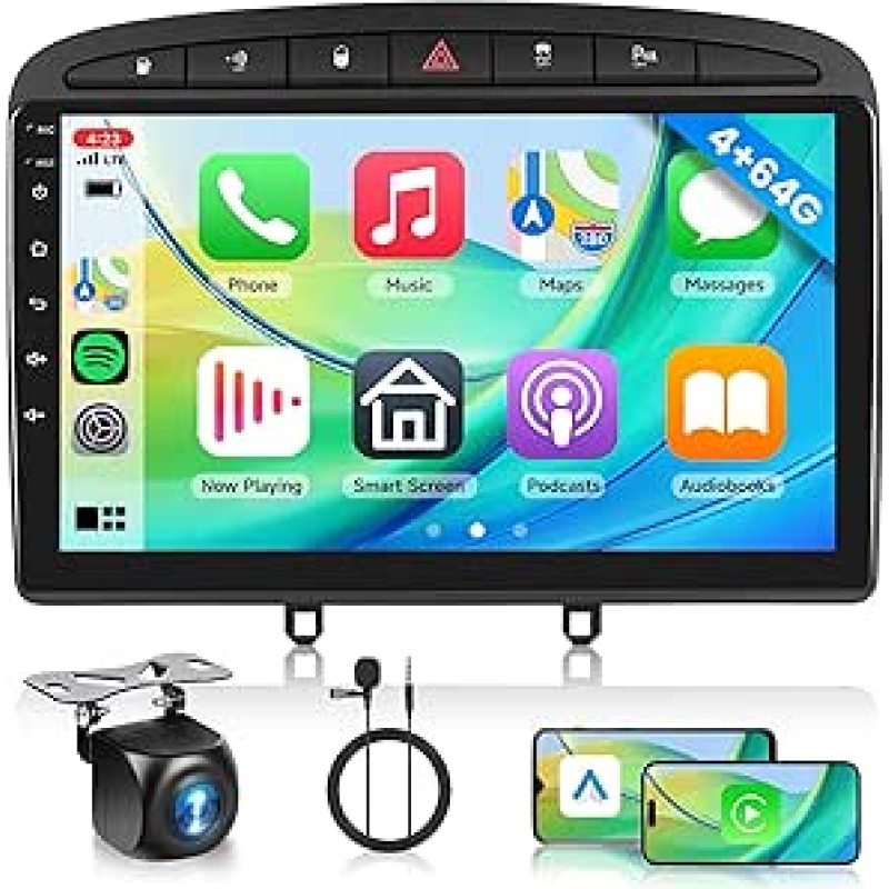 4+64G Android 13 automobilinis radijas Peugeot 308 408 2007-2015 9 colių HD belaidis Carplay automobilinis radijas su Android automobiline navigacija GPS Mirror Link Bluetooth FM/RDS/DAB/DVR/32 EQ/USB vairo valdymas