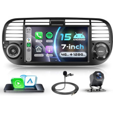 4G+128G Autoradio Android 15 für FIAT 500 2007-2015, 7'' IPS Touchscreen mit Drahtlos Carplay Android Auto, Auto Radio Unterstützung GPS Wi-Fi USB/Typ-C Bluetooth FM RDS Radio Rückfahrkamera