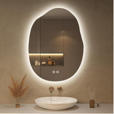 Mirror with Lighting, Asymmetrical LED Bathroom Mirror 60 x 80 cm with Touch Switch, Dimmable, 3 Light Colours, Adjustable, Anti-Fog Bathroom Mirror with Lighting, Shatterproof