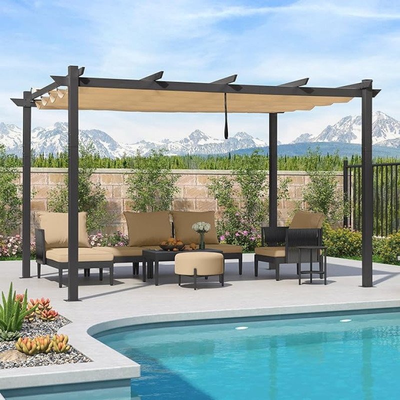 PURPLE LEAF Pergola 3 x 4 m aliuminio sodo pavėsinė, vandeniui atsparus stoglangis su stumdomu stogu, stogelis su markize sodui, terasai, UV atspalviui, smėlio spalvos