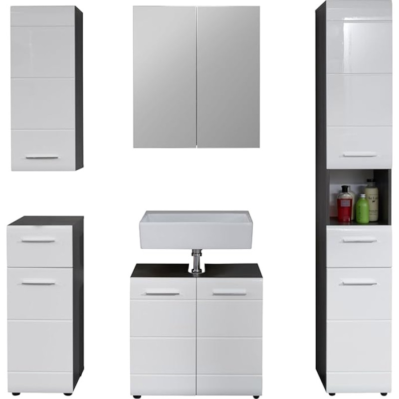 trendteam smart living - Line - Vonios kambario derinys - Balta blizgi / pilka - Praustuvo spintelė, veidrodžio spintelė, aukšta spintelė, sieninė spintelė, spintelė - (plotis x aukštis x gylis) 150 x 182 x 31 cm - Blizgi chromo spalva