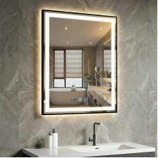 YOURLITE Bathroom Mirror with Lighting, 60 x 80 cm, Bathroom Mirror with LED Lighting with Clock, 3 Light Colours, Dimmable, Bathroom Mirror with Touch Switch, Anti-Fog, Wall Mirror, IP44, Black