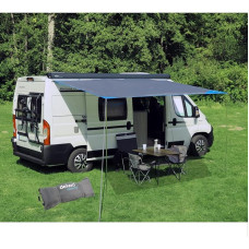 Deiwo saulės burė karavanui, nameliams ant ratų ir autobusui, pilka, 2,50-3,50 x 2,4 m, skirta 7 mm vamzdžių juostelėms, hidrostatinė galvutė 2000 mm, įskaitant pastatymo stulpus., 350