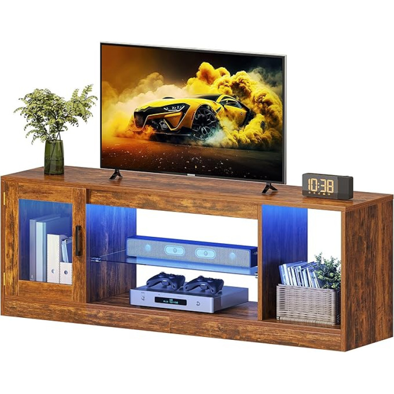 YITAHOME 148 cm TV spintelė televizoriams iki 65 colių su 7 RGB LED 22 režimų apšvietimu TV žaidimų pramogų centras TV lentyna su reguliuojamu stikliniu lentynos stovu svetainei