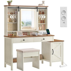 VASAGLE LIRY RDT136W01 Tualetinis staliukas su veidrodžiu ir apšvietimu, kaimiško stiliaus, su taburete, įkrovimo stotele, 2 stalčiais, juvelyrinių dirbinių laikymo vieta, senovinės baltos/medaus rudos spalvos
