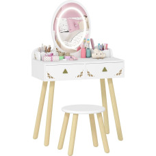 AIYAPLAY Mädchen Schminktisch mit 3 Farben LED Lichter, 2 in 1, Schreibtisch, Kinderschminktisch mit Hocker, Spiegel, 2 Schubladen, 2 Aufbewahrungsboxen, für Kinder +3 Jahre, Weiß